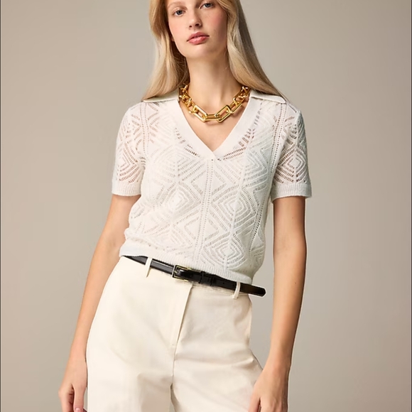 Pointelle Lace 100% Cashmere Polo Sweater - Picture 4 of 9